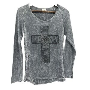Daytrip Grey Cross sheer rhinestone long sleeve shirt burnout western rodeo M